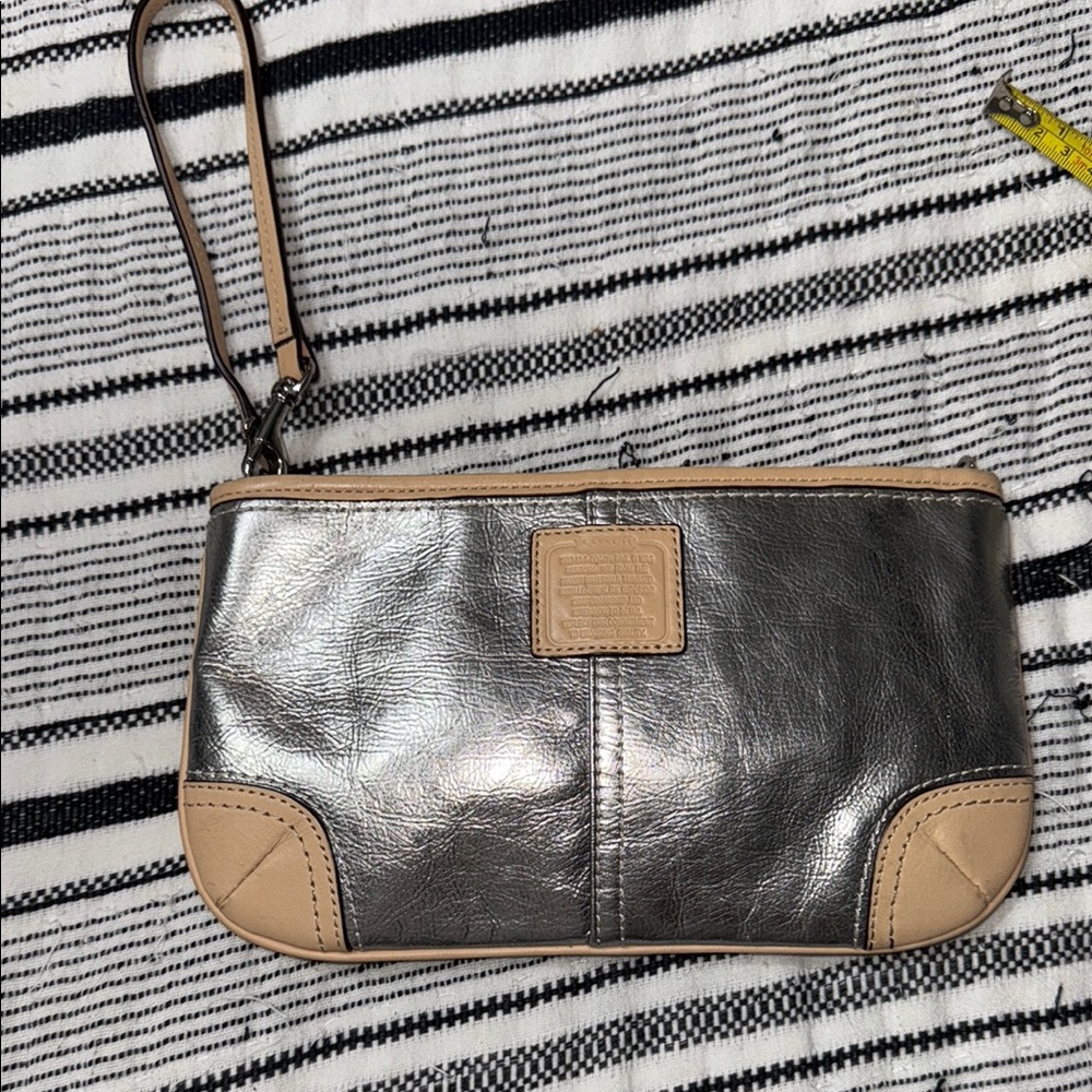 Coach Silver and Tan Leather Wristlet